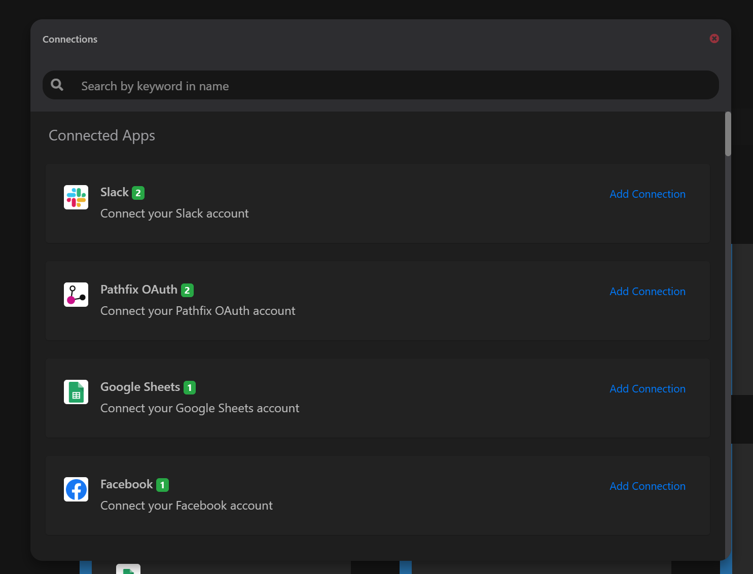 Pathfix Automation connections list including Pathfix OAuth, Slack, Google Sheets and Facebook