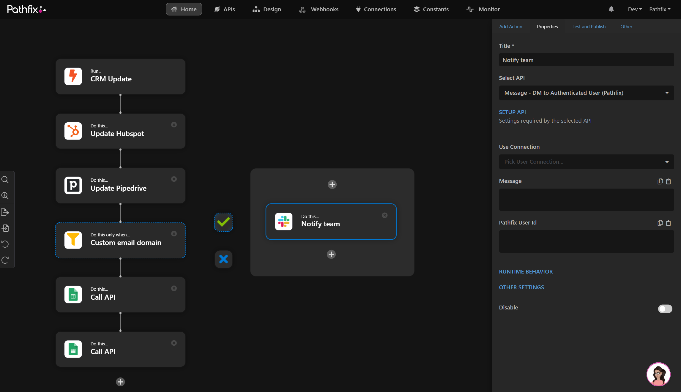 Pathfix Automation workflow editor showing a chain of steps with a condition branch and the step properties panel