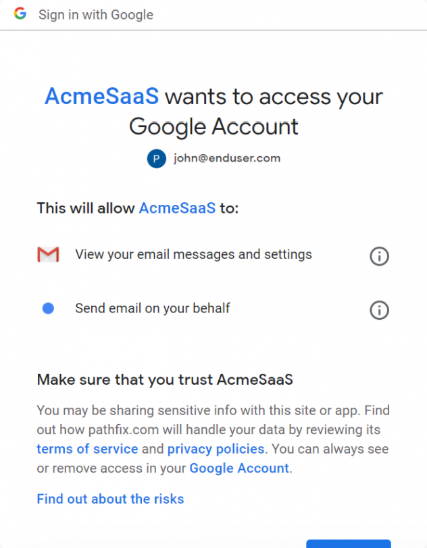 Google consent screen showing AcmeSaaS requesting access to a user's Google Account
