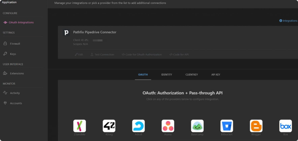 Pathfix dashboard with OAuth integrations and the provider list